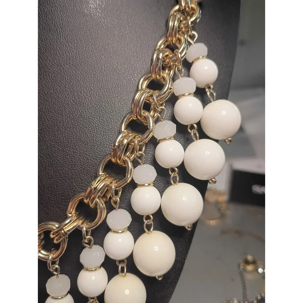 Ann Taylor Gold Tone Chain & White Bead Statement Necklace